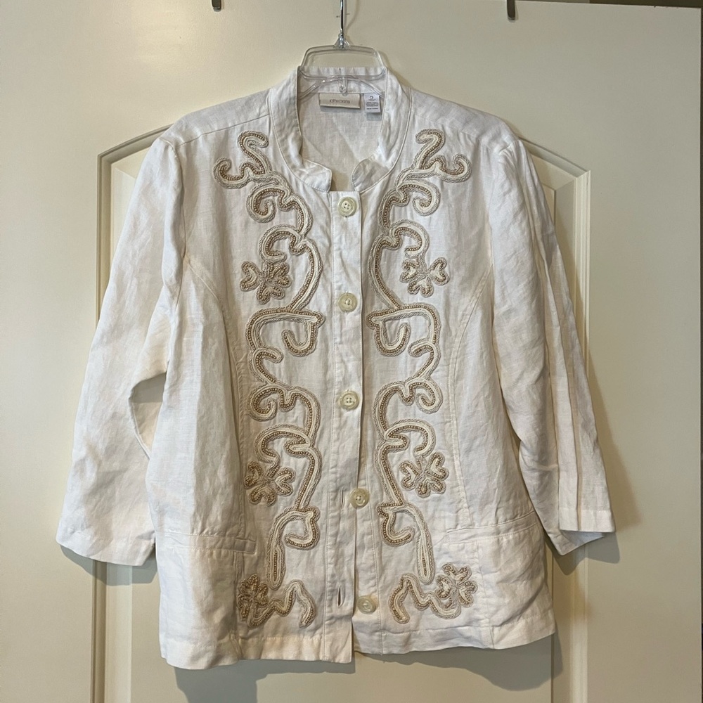 Chico's White and Tan Beaded Embroidered Jacket